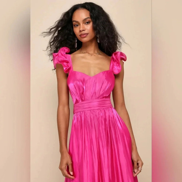 Lulus Pristine Glow Magenta Pink Ruffled Tie-Back Maxi Dress Wedding Party Prom - Picture 4 of 12